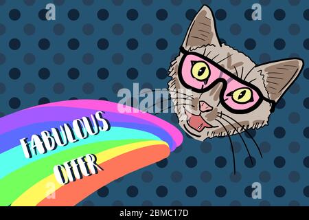 Cat meme with copy space for your text. Space cat and rainbow - bizarre trippy stuff. Stock Vector