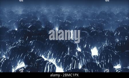 3d render of Sci Fi Abstract Background featuring army of futuristic spheres on blue alien planet Stock Photo