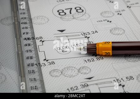 Ruler and pen on the architectural plan Stock Photo