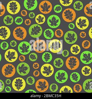 Seamless texture with maple and oak leaves in circles. Natural background illustration. Stock Vector
