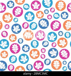 Seamless texture with maple and oak leaves in circles. Natural background illustration. Stock Vector