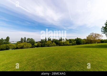 Gloucester Park, Basildon, Essex, UK. Large green space park with lakes. Sunny spring day. Urban neighbourhood park named after the Duke of Gloucester Stock Photo