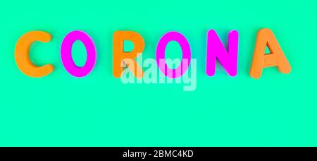 Corona word written with different colored letter blocks on a blue paper background Stock Photo