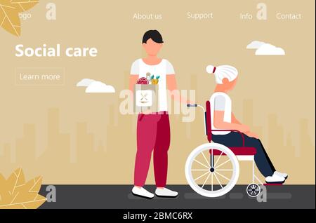 Social worker is taking care about senior woman. Support disable people concept vector in flat style for landing page. Volunteer, young man rides Stock Vector