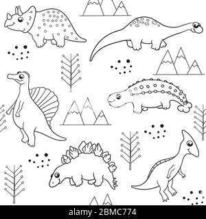 seamless vector pattern in black and white on a white background with various cute cartoon dinosaurs with trees, mountain. for Wallpaper, printing on Stock Vector