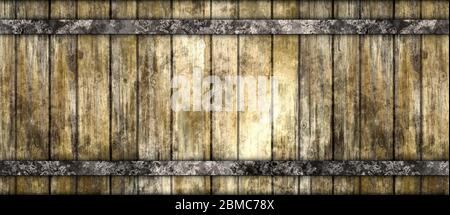 wood barrel with rusty metal straps. Stock Photo