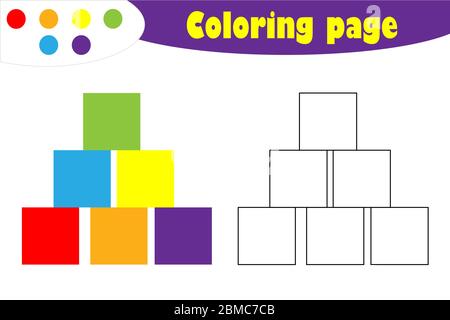 Cubes in cartoon style, coloring page, education paper game for the development of children, kids preschool activity, printable worksheet, vector Stock Vector