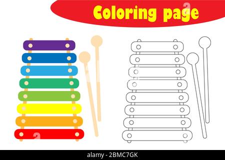 Xylophone in cartoon style, coloring page, education paper game for the development of children, kids preschool activity, printable worksheet, vector Stock Vector