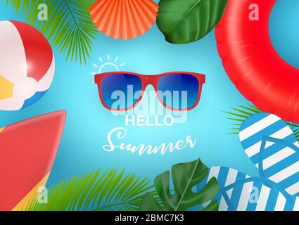 Hello Summer web banner. Top view on summer composition with realistic objects and tropical fruit on wooden texture. Vector illustration. Concept of Stock Vector