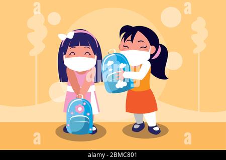 Girls kids cartoons with masks and school bags at park design of Covid 19 virus theme Vector illustration Stock Vector