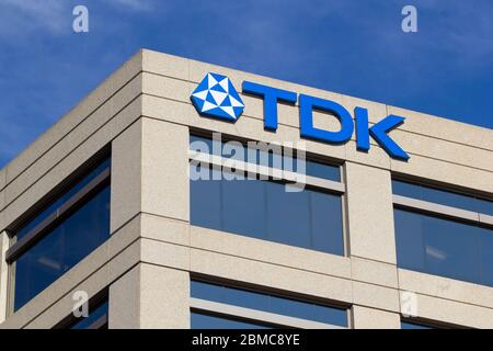 The TDK logo is seen at TDK InvenSense Headquarters in San Jose, California on Feb 12, 2020. Stock Photo
