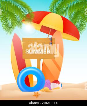 Summer time vector concept design. It's summer time text with colorful  beach elements like goggles, beach ball, surfboard and floater for vacation  season. Vector illustration 5270499 Vector Art at Vecteezy