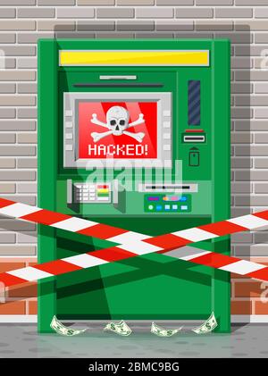 Hacked atm concept, skimming, stealling money from automated teller machine. Out of service or robbery, criminal hacks software in bank. Spyware malware. Computer security. Flat vector illustration Stock Vector
