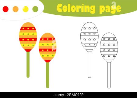 Maracas in cartoon style, coloring page, education paper game for the development of children, kids preschool activity, printable worksheet, vector Stock Vector