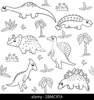 seamless vector pattern in black and white on a white background with various cute cartoon dinosaurs, palm trees, leaves. for Wallpaper, printing on Stock Vector
