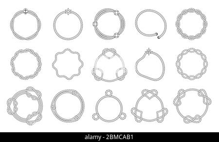 Round rope frames, wavy and smooth outline with sea knots. Woven lines of frames. Borders for selection template, vector illustration. Stock Vector