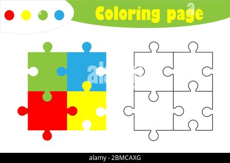Puzzle in cartoon style, coloring page, education paper game for the development of children, kids preschool activity, printable worksheet, vector Stock Vector