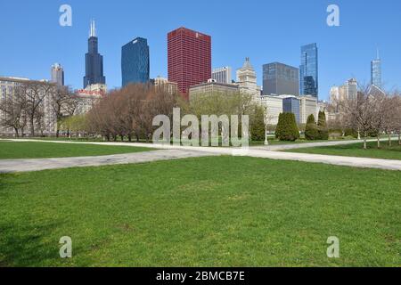 CHICAGO, IL -18 APR 2020- View of empty paths in Grant Park in downtown Chicago, Illinois, during the COVID-19 crisis. Stock Photo