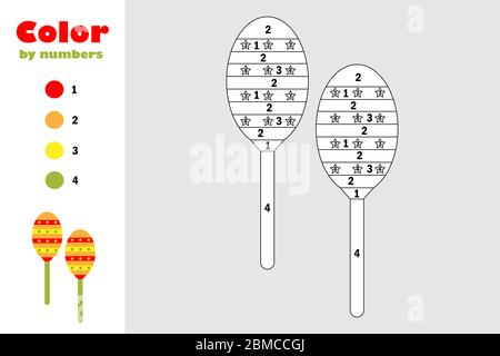 Maracas in cartoon style, color by number, education paper game for the development of children, coloring page, kids preschool activity, printable wor Stock Vector
