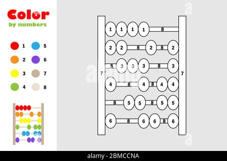 Abacus in cartoon style, color by number, education paper game for the development of children, coloring page, kids preschool activity, printable work Stock Vector