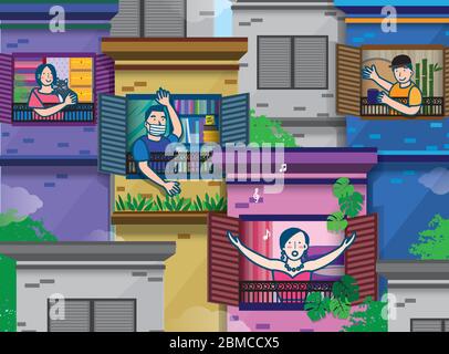 An illustration showing the residents practising Social distance by staying at home and a distance around two metres from other people. Stock Vector