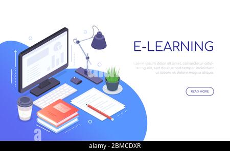 E-learning concept - modern colorful isometric web banner Stock Vector