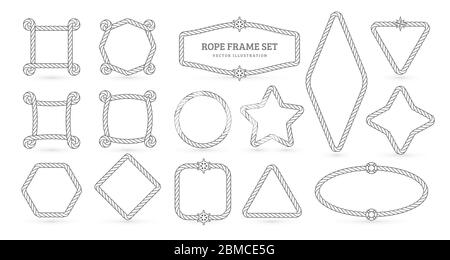 Nautical ropes, creative outline borders set. Marine empty contour frames isolated pack. Thin line square, circle, star shapes. Vector illustrations Stock Vector