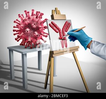 Virus vaccine development concept and flu or coronavirus medical research as Immunoglobulin or disease control with a doctor creating an antibody. Stock Photo