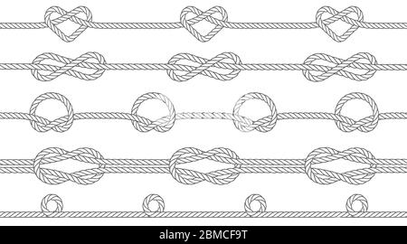 Seamless texture of ropes with knots. Knots of a circle, infinity and heart shape. Repeatable pattern. Vector illustration. Stock Vector