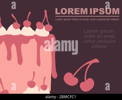 Advertising flyer design piece of cake with cherry cream-topped multi-layer cake flat vector illustration on brown background Stock Vector