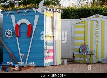 Loughborough, Leicestershire, UK. 8th May 2020. A fox cub explores a seaside-themed allotment at dusk. Credit Darren Staples/Alamy Live News. Stock Photo