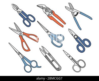 Different scissors models collection tools for gardening medical barber or tailor flat vector illustration isolated on white background Stock Vector