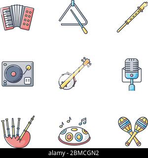 Band musical instruments RGB color icons set. Accordion with keyboard. Triangle for percussion. Flute and fiddle performance. Microphone audio recordi Stock Vector