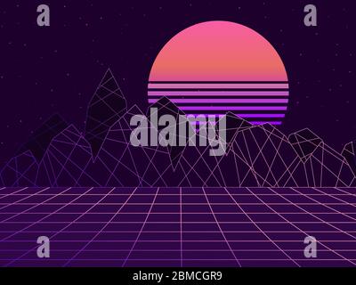 80s retro sci-fi background. Futuristic landscape in virtual reality. Synthwave and retrowave style. Vector illustration Stock Vector