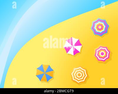 Beach umbrellas on the shore, top view. Gradient colors. Flat design style. Summer background. Vector illustration Stock Vector