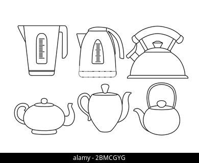 Ceramics and electro kettle set outline style flat vector illustration isolated on white background Stock Vector