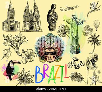Set of hand drawn sketch style Brazil related objects. Isolated vector illustration. Stock Vector