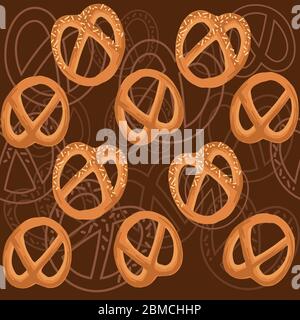 Seamless pattern with bakery pretzel products for bakery shop cartoon food flat vector illustration on brown background Stock Vector
