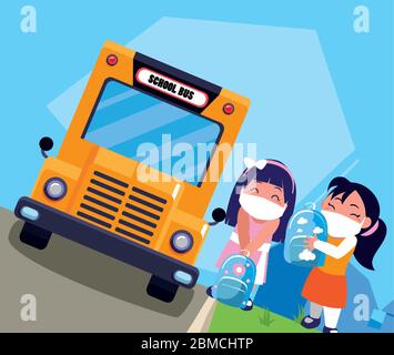 Girls kids cartoons with masks school bags and bus design of Covid 19 virus theme Vector illustration Stock Vector