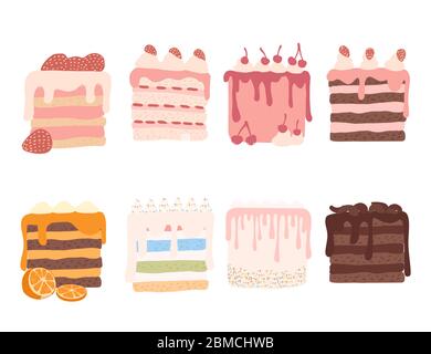 Piece of cake with different ingredients cream-topped multi-layer cake flat vector illustration isolated on white background Stock Vector