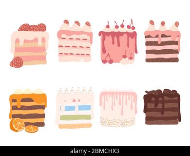 Piece of cake with different ingredients cream-topped multi-layer cake flat vector illustration isolated on white background Stock Vector