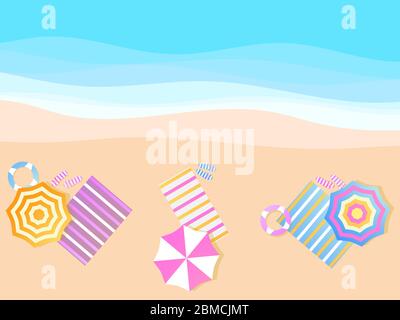 Beach umbrella and towel on the shore, top view. Flat design style. Summer background. Vector illustration Stock Vector