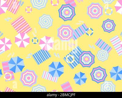 Seamless beach, top view. Beach umbrella and towel on the sand. Flat design style. Summer background. Vector illustration Stock Vector