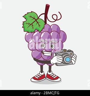 An illustration of Grape Fruit cartoon mascot character as photographer in action with a camera Stock Vector