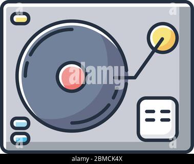 Turntablism RGB color icon. DJ equipment for party. Song mixer electronic gear. Club dance music. Console with tonearm for mixing tunes. Play LP vinyl Stock Vector