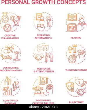 Personal growth concept icons set. Self improvement, goals achievement idea thin line RGB color illustrations. Skills and relationship development. Ve Stock Vector