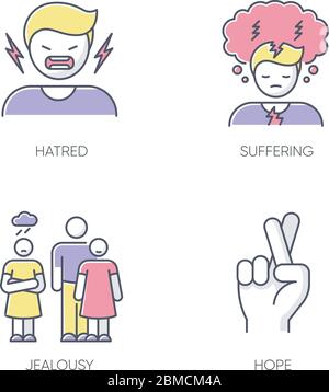 Psychological problem RGB color icons set. Man scream from hatred. Suffering from mental illness. Woman feeling jealous of man. Hope and belief. Psych Stock Vector
