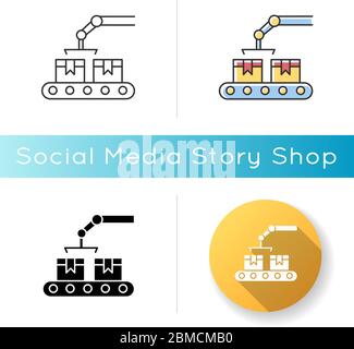 Production icon. Conveyor belt with boxes. Automated factory packaging. Assembly operation with containers. Logistic in warehouse. Linear black and RG Stock Vector