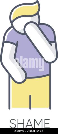 Shame RGB color icon. Human feeling embarrassed. Social emotion of guilt. Moral toxic feeling. Mental health issue. Psychological trauma. Man cover fa Stock Vector