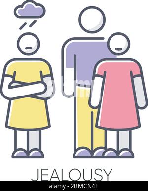 Jealousy RGB color icon. Betrayal in romantic relationship. Conflict between man and woman. Rivalry situation. Feeling envious. Boyfriend cheat on gir Stock Vector